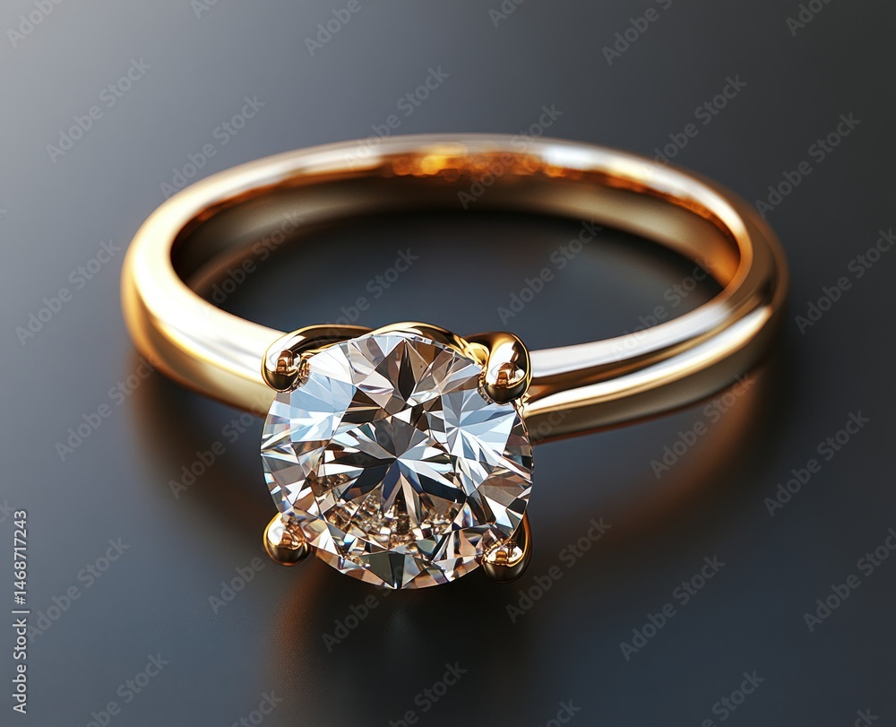 Elegant gold ring with a large, clear diamond. Elegant gold ring with a large, clear diamond.