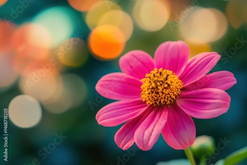 Vibrant pink flower stands out against blurred bokeh background in a tranquil garden setting, Closeup of vibrant pink flower against blurred, bokeh background