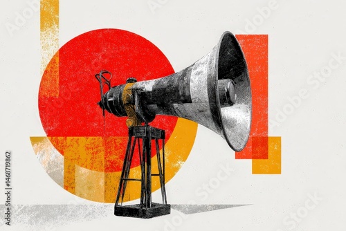 Abstract illustration of a large megaphone with geometric shapes.