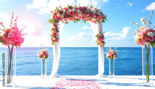 Wallpaper Mural Elegant wedding arch with fresh flowers, vases on background of ocean and blue sky , with white tonespng Torontodigital.ca