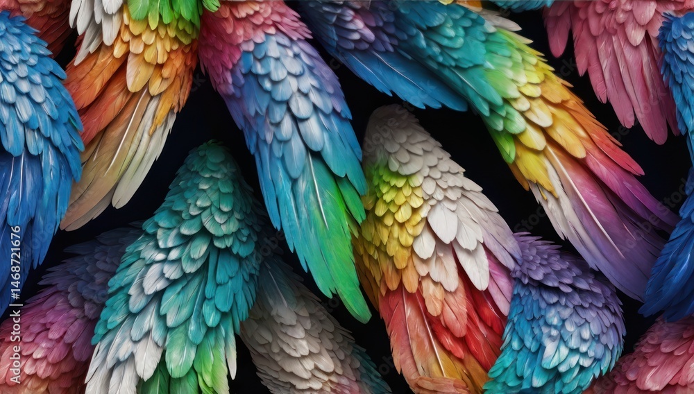 Obraz premium Colorful Angel Wings with Rainbow Feathers on Dark Background – Fantasy Art Concept