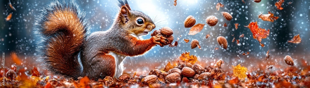 Fototapeta premium Squirrel Gathering Nuts in Winter Wonderland