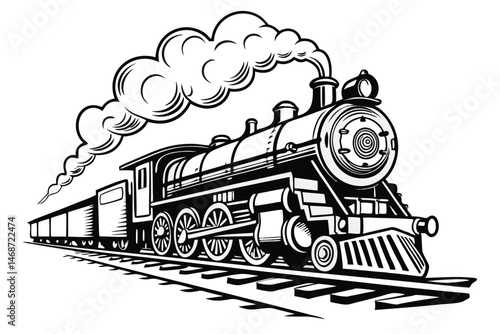 208 Vintage steam locomotive, black and white illustration, detailed engraving style, side view, billowing smoke, circular headlight, intricate mechanical details, train tracks, retro transportation, 