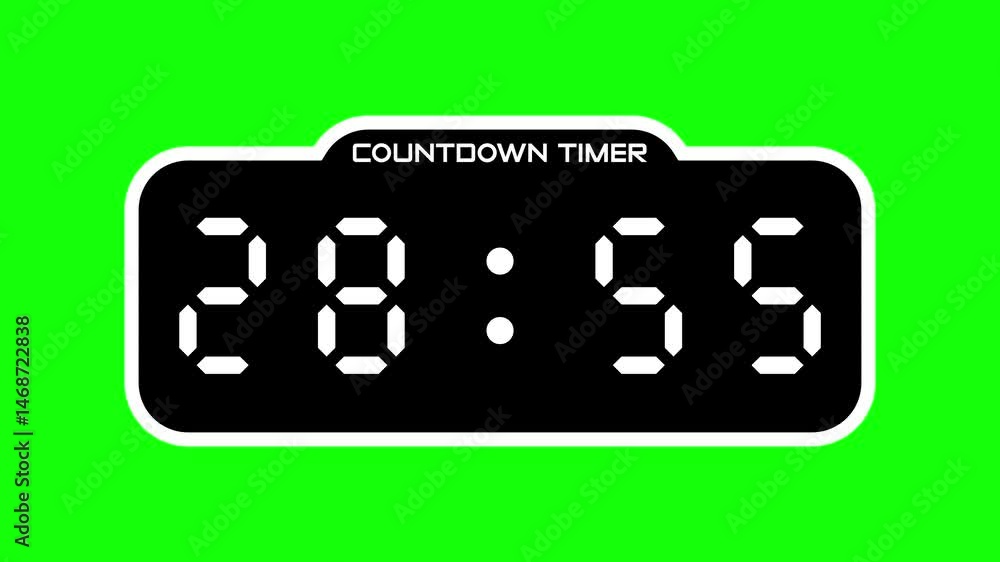 Countdown timer from 29 minute to 28 minute with digital display and green screen background suitable for technology, business, productivity, presentations, websites, and social media