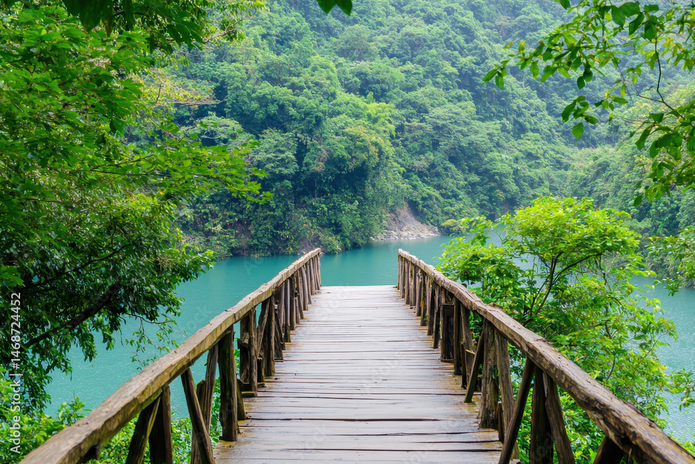 Fototapeta premium Serene wooden bridge leads over tranquil waters, surrounded by lush green foliage and mountains, creating peaceful escape