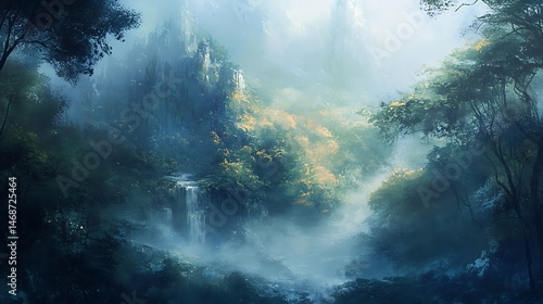 Misty forest landscape with a hidden castle.