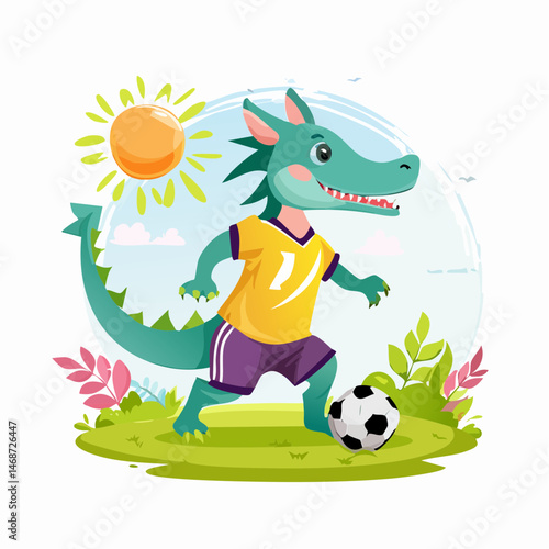 Cartoon dragon-wolf hybrid playing soccer in a grassy field, 
wearing a colorful sports jersey