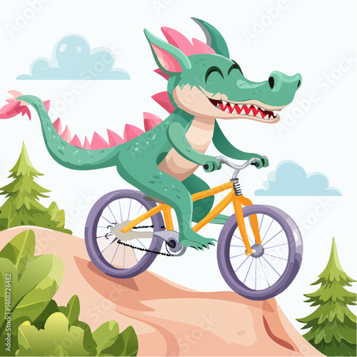 
Cute dragon-wolf riding a mountain bike downhill, cartoon style, 
outdoor forest trail