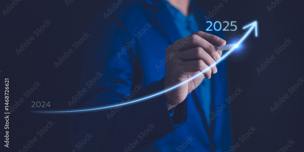 2025 Business development to success and growing growth concept, 2024 to 2025 growth. Businessman pointing arrow graph corporate future growth plan.