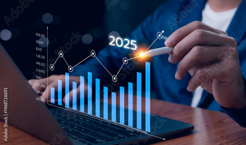 Obraz na płótnie 2024 business financial plan market concept, performance of profit growth on 2024 to 2025, education trend up finance on growth graph money revenue, Businessman analyzes profitability of working. w salonie