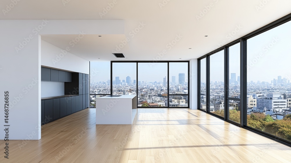 Fototapeta premium Spacious modern kitchen area with city view.