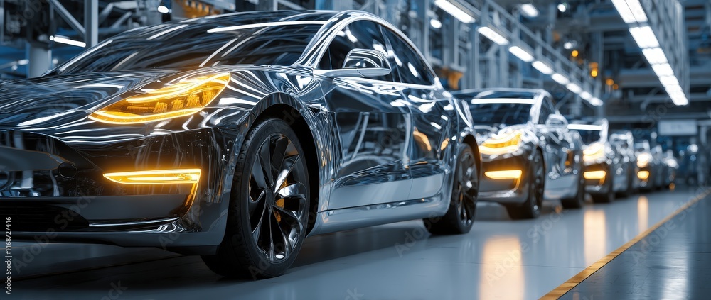 Fototapeta premium Sleek electric cars in modern assembly line.
