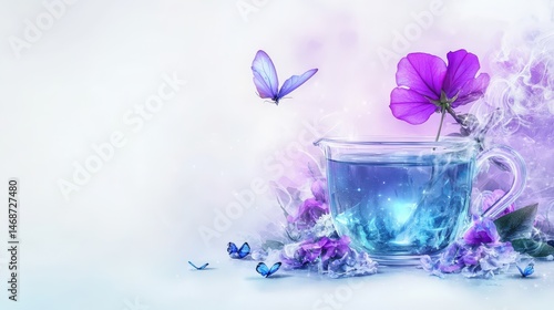 Stylized butterfly pea flower tea with galaxy texture and soft glow on a white background
