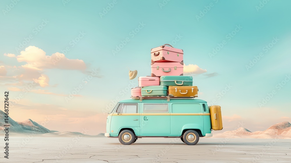Obraz premium Stylized luggage stacks on a pastel van roof in a geometric desert scene with gentle textures and warm hues