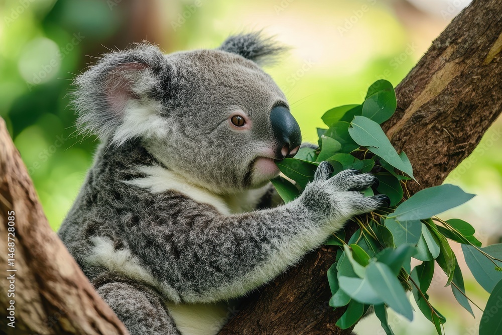 Obraz premium Koala bear enjoying fresh eucalyptus leaves in a vibrant Australian forest setting, Fauna of Australia Koala bear eating fresh tree leaves