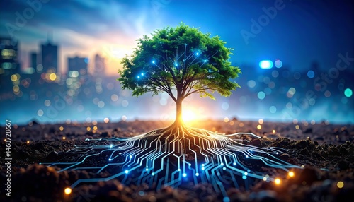 Conceptual image of a digital tree with glowing roots and circuit patterns symbolizes technology and nature integration for sustainable future