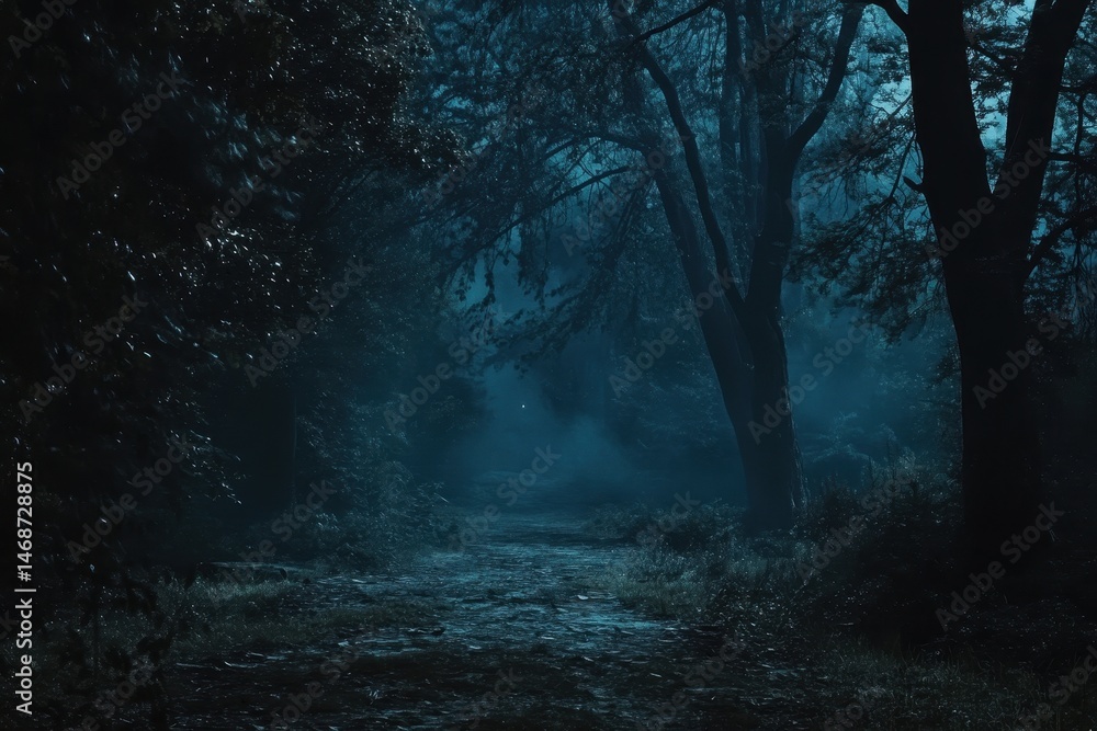 Fototapeta premium Dark and haunted forest at midnight reveals shadows and mysteries lurking in the silent night, Dark and haunted forest at midnight, Seamless ing Photo background