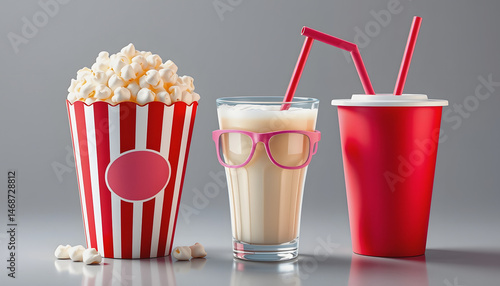 movie time and cinema popcorn and cold soft drink refreshment with 3D glasses for entertainment theater icon set isolated on png transparent background , with white tonespng