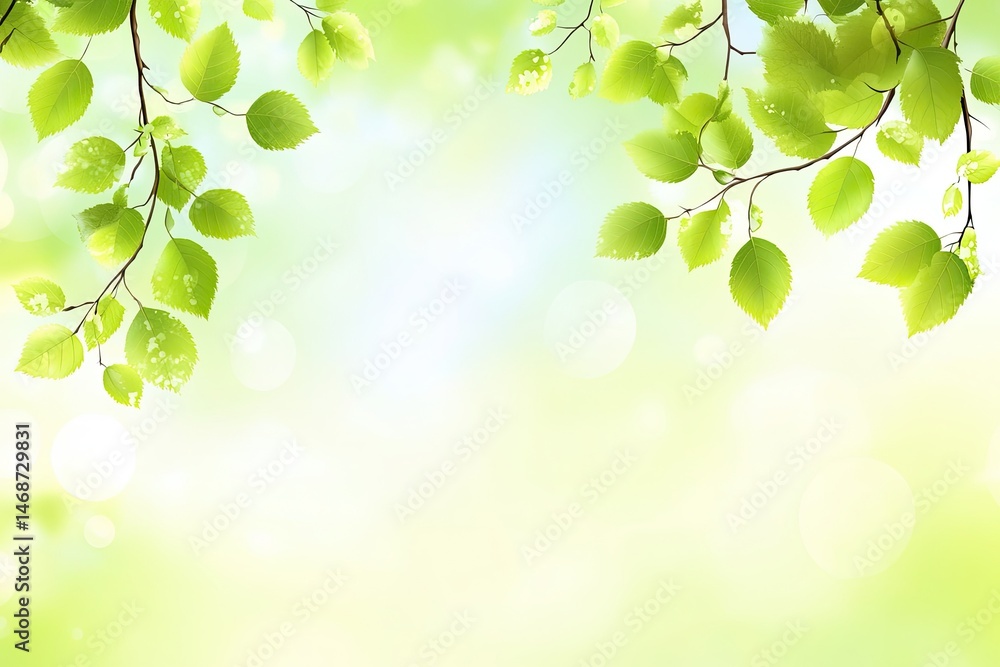 Fototapeta premium Fresh green leaves on branches, soft light