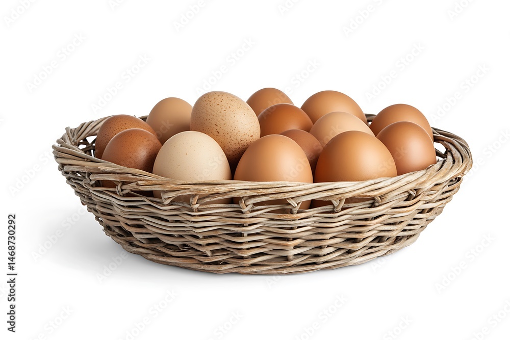 Wicker Basket Overflowing With Various Shades of Fresh Chicken Eggs on White Wicker Basket Overflowing With Various Shades of Fresh Chicken Eggs on White