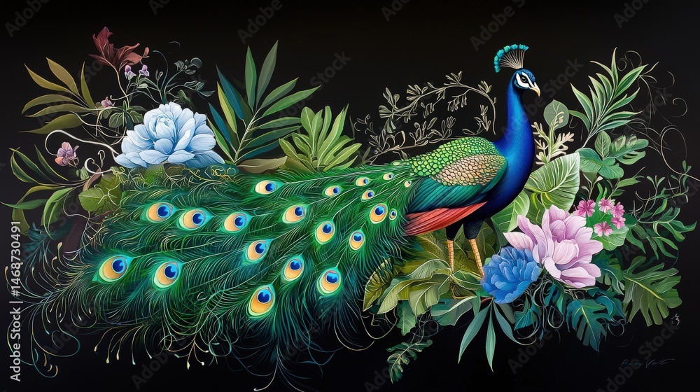 Fototapeta premium Vibrant greens and blues glow as the peacock turns gracefully, commanding the spotlight