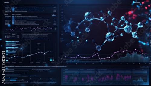 Abstract Dark Blue Data Science Screen Displaying Molecular Structure and Charts for Hi Tech Analysis and Futuristic Visualization