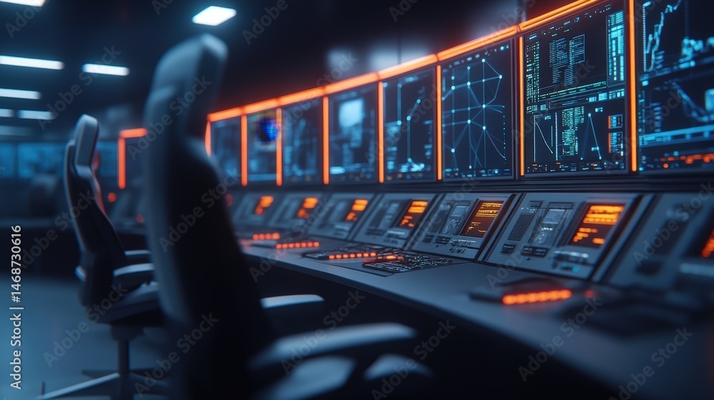 Naklejka premium A modern control room with multiple digital screens, advanced monitoring systems, and ergonomic chairs in a dimly lit environment.