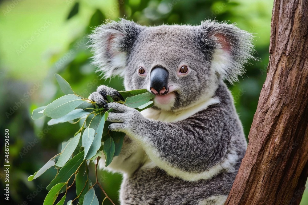 Fototapeta premium Koala bear feeding on eucalyptus leaves in natural habitat during daylight hours, Australian native animal Koala bear eating tree leaves with great joy