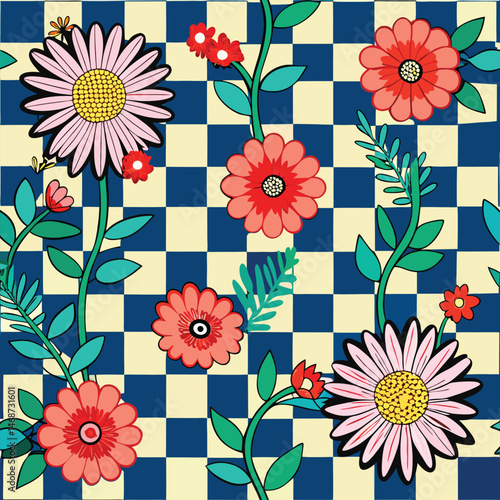 seamless checkered pattern with flowers.