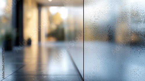 Condensation on glass, modern lobby, blurred background, office interior