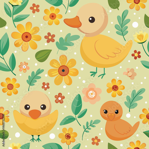 seamless pattern with cute ducklings and flowers.