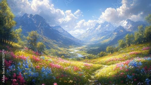 Serene Mountain Valley with Blooming Wildflowers