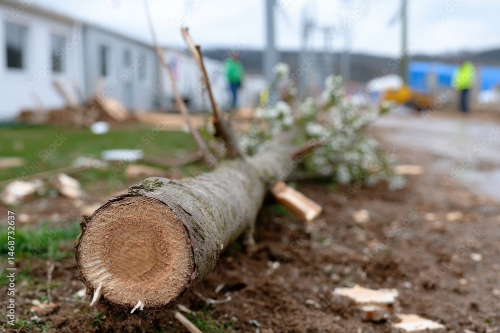 Obraz premium A fallen tree trunk rests on the muddy ground at a construction site, illustrating the interplay between nature and industrial development in an outdoor setting.