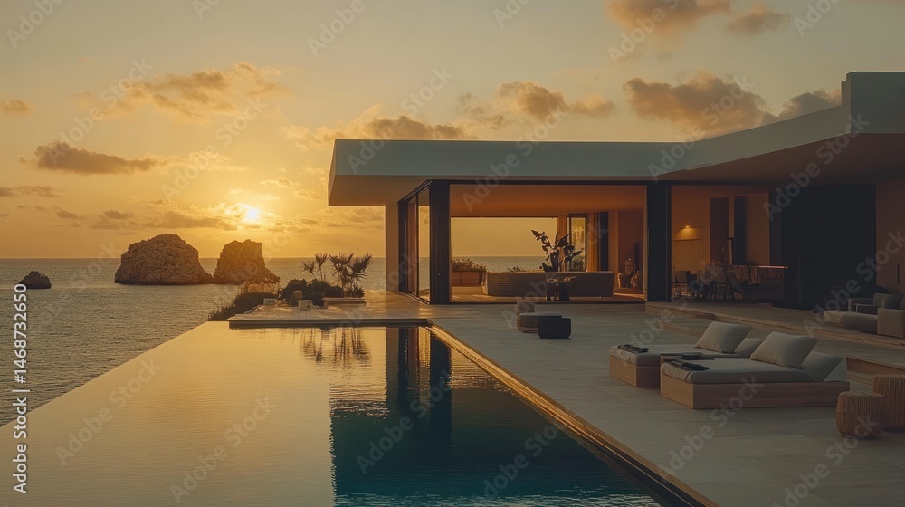 Fototapeta premium Coastal luxury home at sunset. Open-plan living, infinity pool, and stunning ocean views