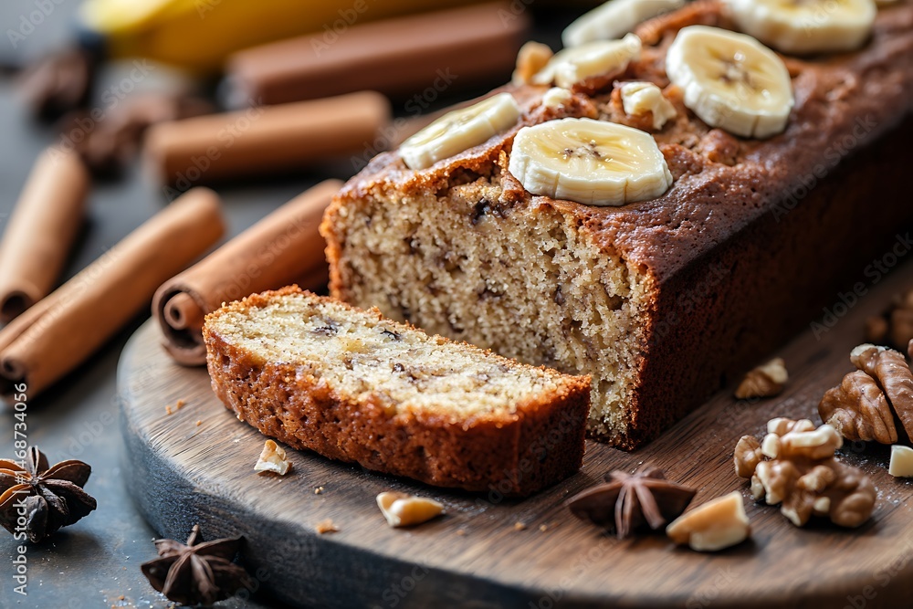 Banana Bread Loaf Topped with Slices, Cinnamon Sticks, Nuts, and Anise Stars Banana Bread Loaf Topped with Slices, Cinnamon Sticks, Nuts, and Anise Stars