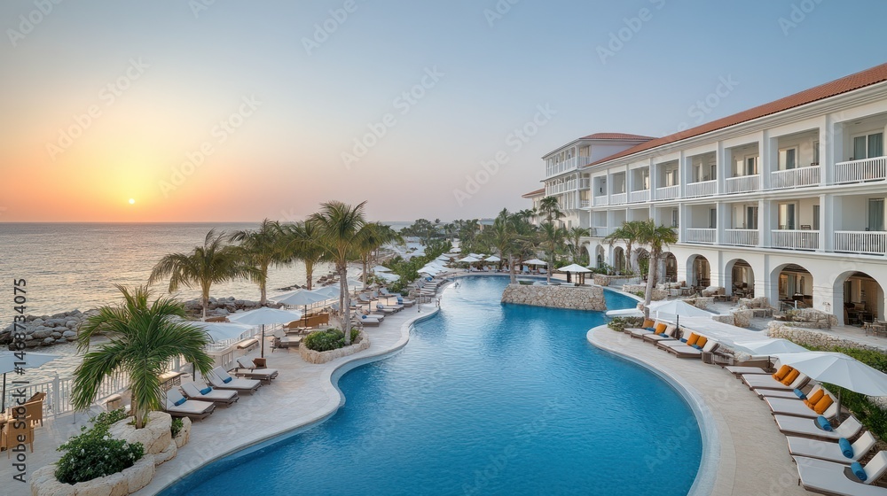 Fototapeta premium Coastal resort with infinity pool. Sunset over Caribbean ocean