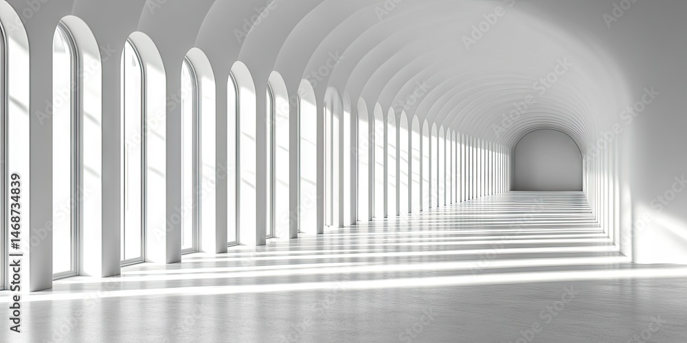 Obraz premium Empty, white hall with arched windows.