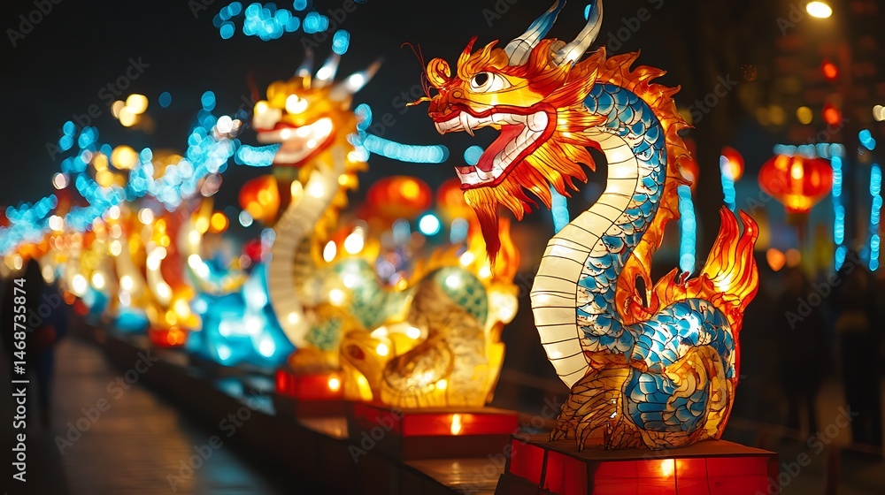 Fototapeta premium Illuminated dragon lanterns lining a festive pathway at night.