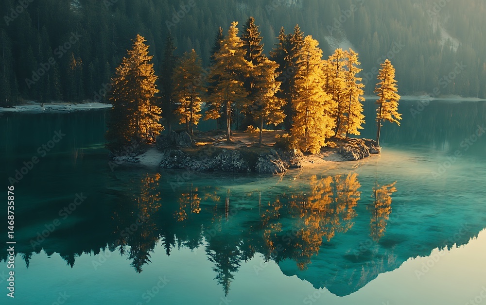 Naklejka premium Golden trees stand tall on a rocky islet, reflected beautifully in the blue waters