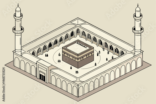 2 Islamic architecture, Kaaba in Mecca, aerial view, isometric illustration, detailed miniature, pilgrimage, white marble courtyard, golden ornaments, minarets, arched colonnade, tiny pilgrims, 3D ren