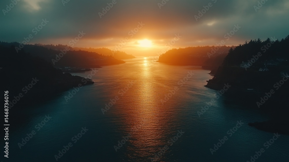Fototapeta premium Coastal sunset, tranquil waterway. Misty, dramatic skies meet a serene body of water, highlighting a golden sunset. Silhouetted, forested hills flank the calm expanse
