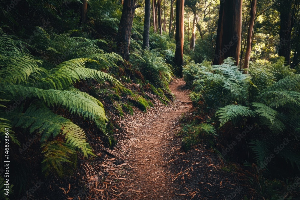 Fototapeta premium Explore lush fern forests and tranquil trails in Australia's beautiful nature landscape, Australia adventure nature background Fern forest hiking trail