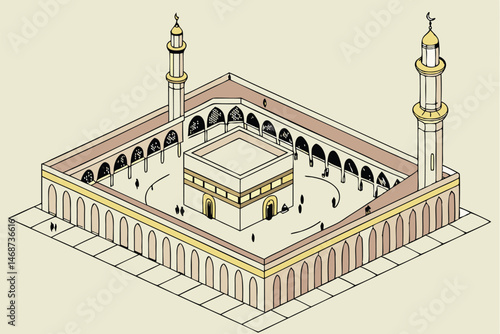 2 Islamic architecture, Kaaba in Mecca, aerial view, isometric illustration, detailed miniature, pilgrimage, white marble courtyard, golden ornaments, minarets, arched colonnade, tiny pilgrims, 3D ren
