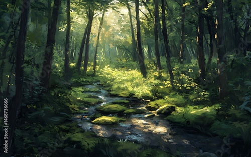 Sunlight streams through lush green trees and illuminates a babbling brook filled with mossy rocks