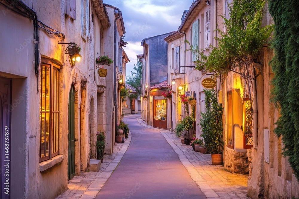 Fototapeta premium Charming village street at dusk with warm glow from windows and quaint architecture, Charming village street at dusk with glowing windows, Photo background
