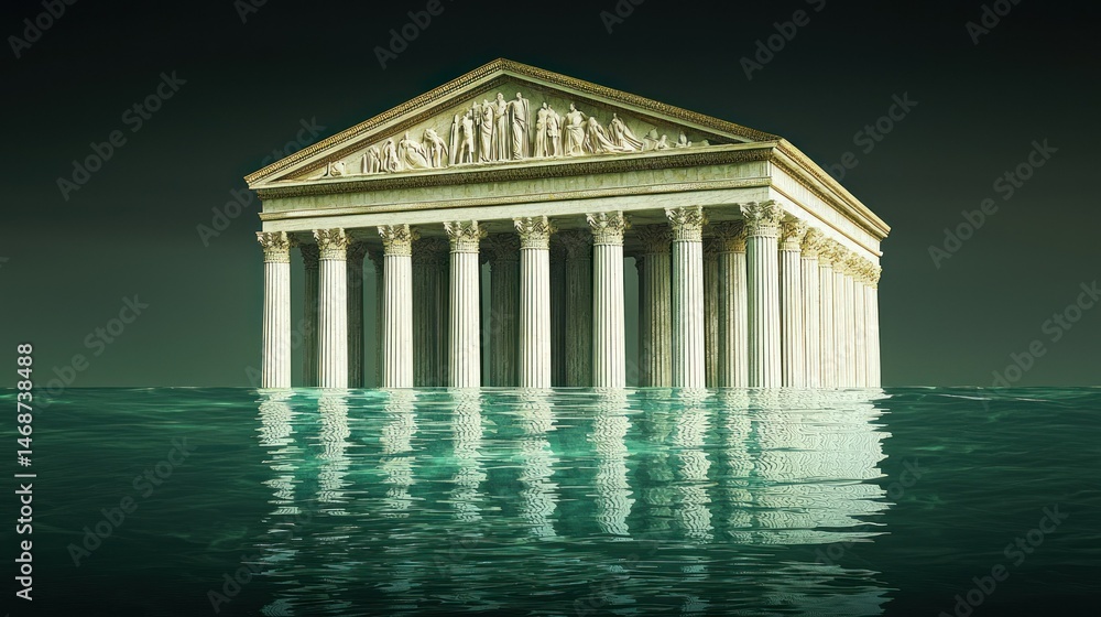 Fototapeta premium An ancient temple stands partially submerged in reflective ocean water
