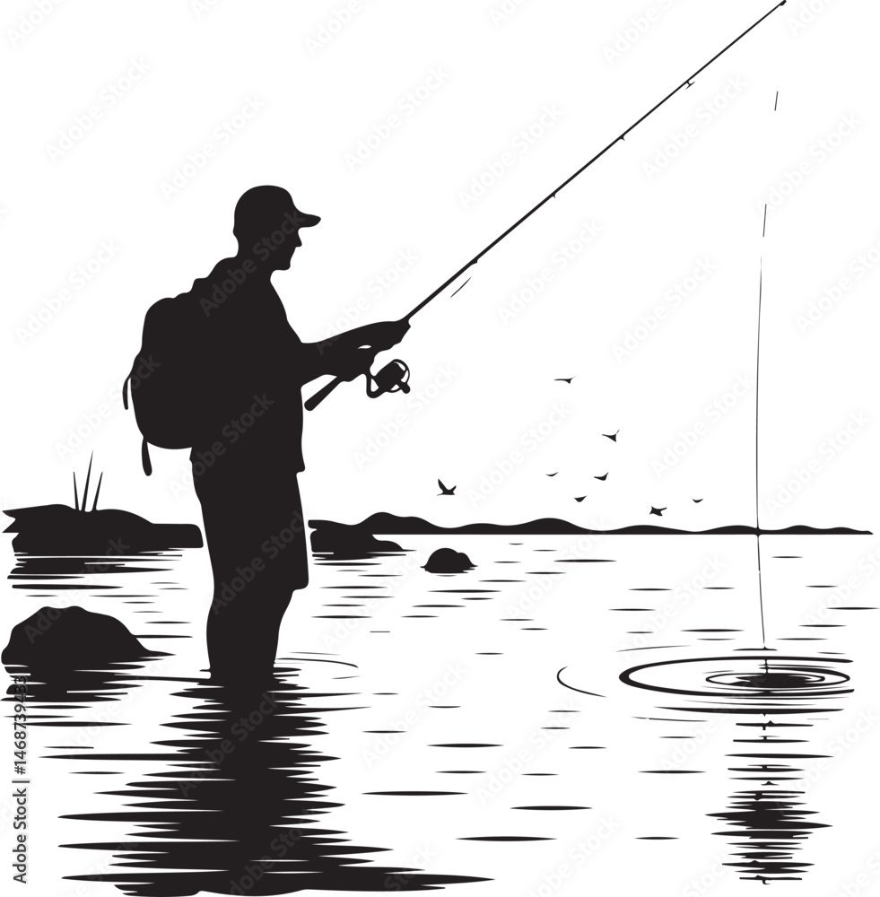 Obraz premium Fisherman Casting Line SilhouetteFishing Boat on the Lake Vector DesignUnderwater Fish Hunting Scene SilhouetteSpearfishing Adventure Silhouette ArtFishing Rod and Catch Moment Vector