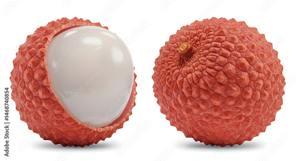 Fresh lychee fruit, one peeled and one whole, isolated on white background Fresh lychee fruit, one peeled and one whole, isolated on white background