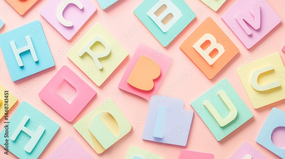 Pastel Alphabet Tiles Arranged on Pink Background for Learning and Education Pastel Alphabet Tiles Arranged on Pink Background for Learning and Education