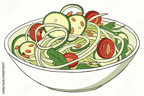 10 Vibrant vegetable noodle salad, colorful fresh ingredients, zucchini spirals, cherry tomatoes, crisp cucumber slices, crunchy peanuts, aromatic herbs, light dressing, white ceramic bowl, healthy cu